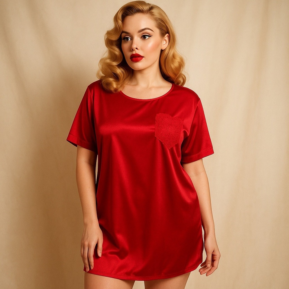 Vintage 80s L.A. Intimates Red Satin Nightshirt Large Lace Heart Made in USA NWT